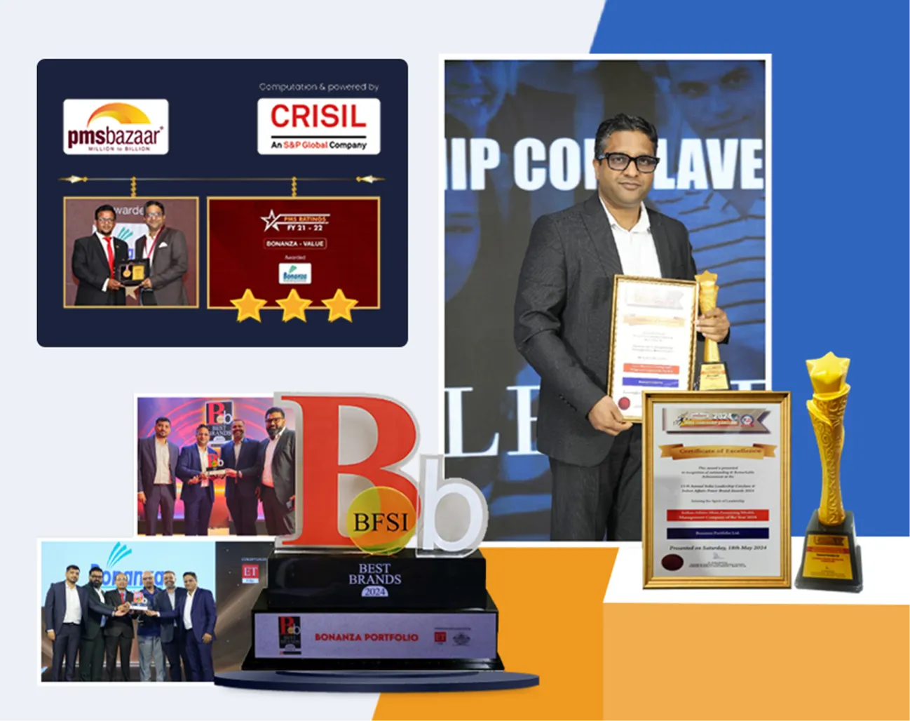 A collage of Bonanza Wealth awards and event photos