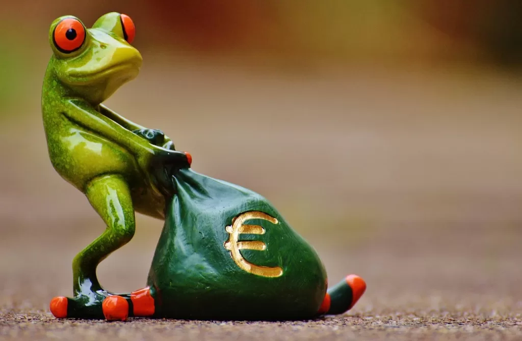 A frog carrying a bag of money