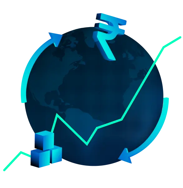 Globe with rupee symbol and upward financial graph